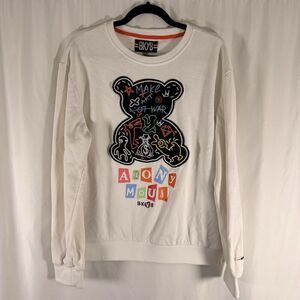BKYS Sweater Men's Large White Make Art Not War Teddy Bear Pullover Long Sleeve